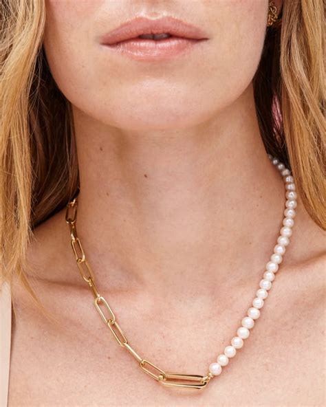 Ashton Gold Half Chain Necklace In Freshwater Cultured Pearl Kendra Scott