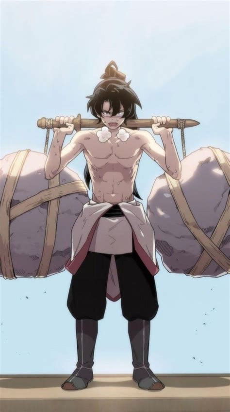 an anime character is holding two large barrels on his shoulders and ...