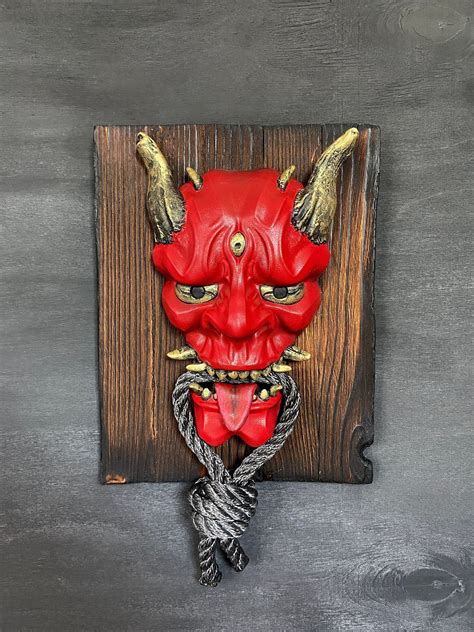 Red Oni Mask On Wood Board Samurai Mask Wall Red Oni Mask Kabuki