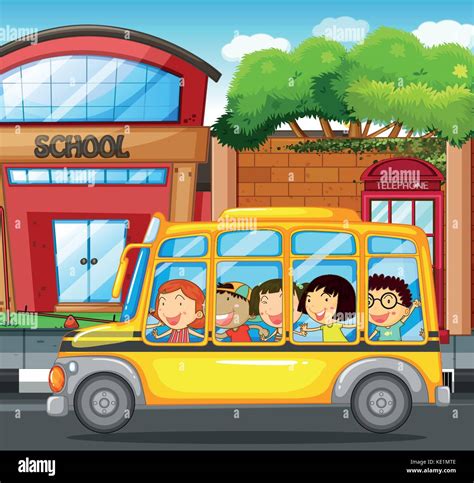 Children Riding On Yellow Bus In Town Illustration Stock Vector Image