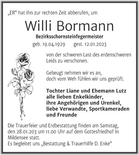 Traueranzeigen Von Willi Bormann Abschied Nehmen De