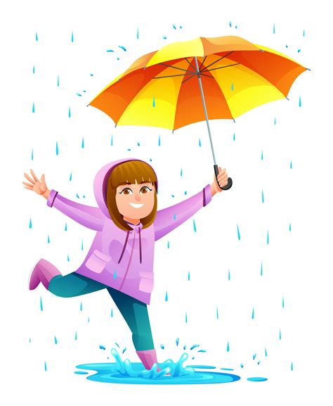 Cheerful Girl With Umbrella Playing Puddle In The Rain Cartoon