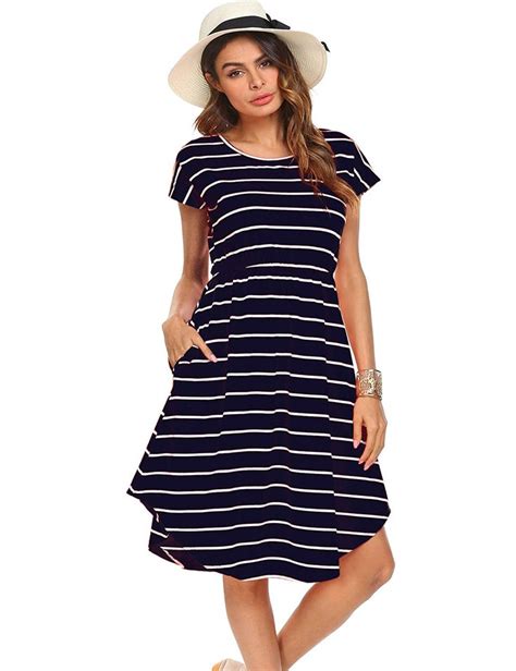 Halife Womens Summer Casual Stripe Elastic Waist Loose Beach Midi