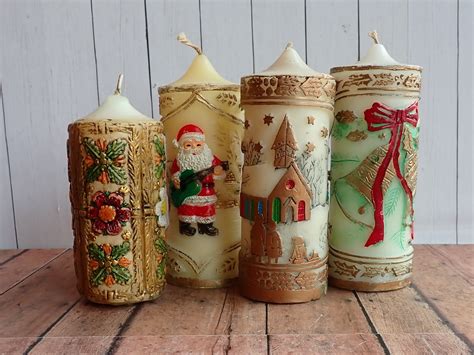 Vintage Christmas Holiday Pillar Candle Set Of 4 Cream And Gold