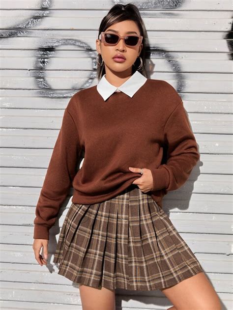 Shein Qutie Contrast Collar Drop Shoulder 2 In 1 Pullover And Plaid Pleated Skirt Shein Uk