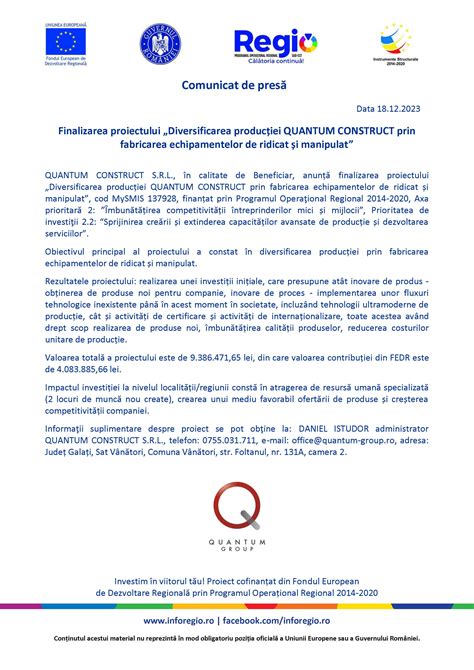 Finalizarea proiectului Diversificarea producției QUANTUM CONSTRUCT