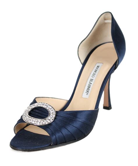 Manolo Blahnik Heels Us 8 Blue Navy Silk Rhinestone Shoes Michaels