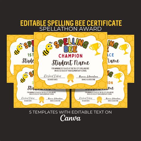 Editable Spelling Bee Certificates Spelling Bee Printable Certificates Spelling Awards School