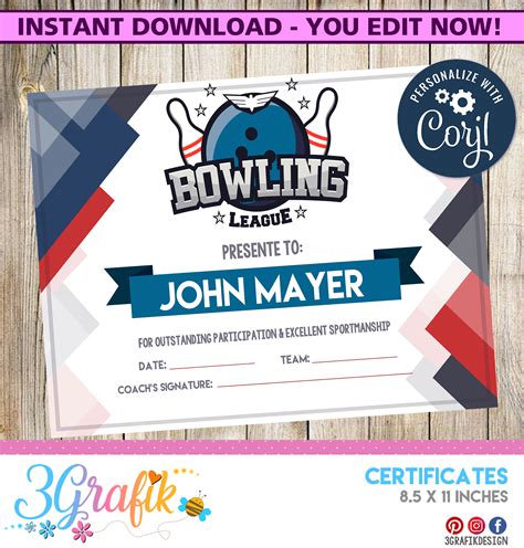 Bowling Certificate Party Supplies Awards In