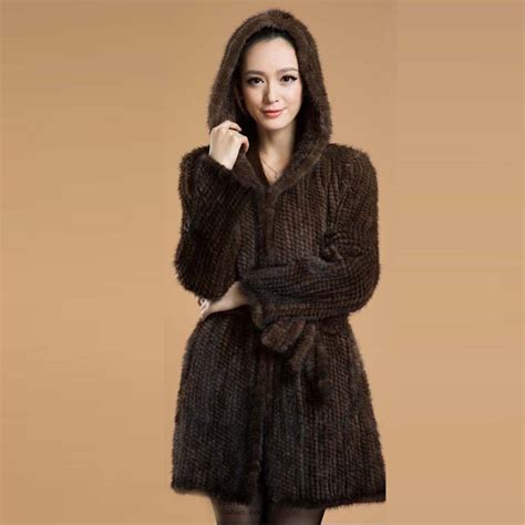 Bffur Women Genuine Knitted Mink Fur Coats Jacket With Hooded Real