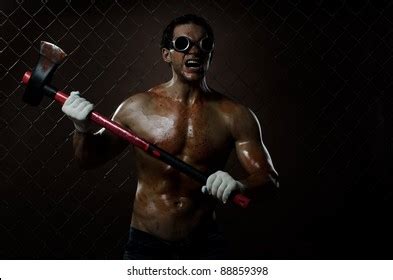 Crazy Frenzied Chopper Butcher Man Covered Stock Photo Edit Now 88859398