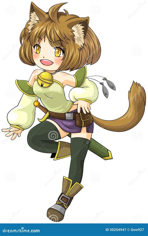 Fantasy Female Cat Warrior In Japanese Manga Illustration Style, Stock Vector - Illustration of ...