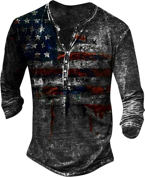 Wenkomg1 Mens Casual V Neck Henley Shirt American Flag Printed Long