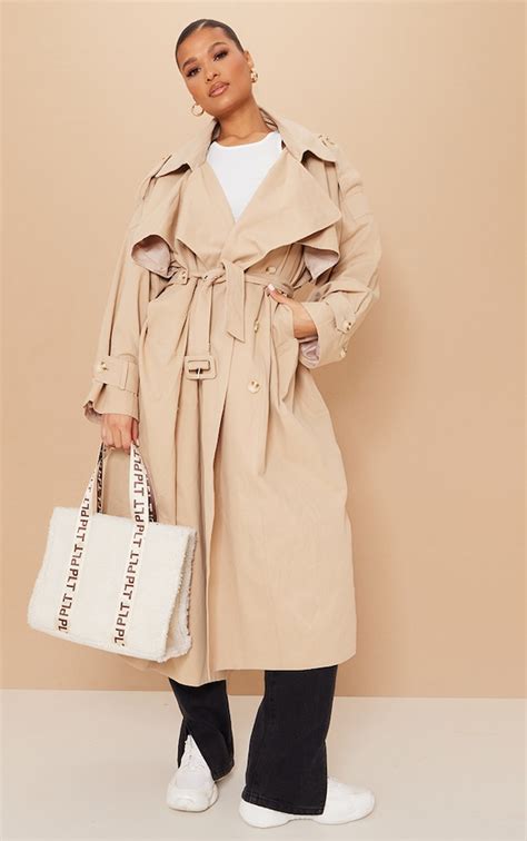 Stone Premium Woven Hooded Oversized Trench Coat Prettylittlething