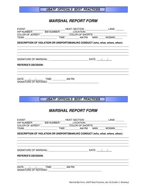 Fillable Online Marshal Report Form Marshal Report Form Officials Fax