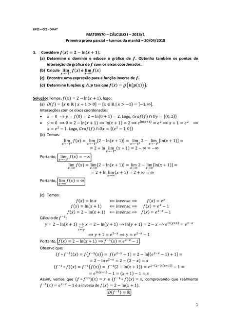 Prova 2018 questões e respostas UFES CCE DMAT MAT09570 CÁLCULO