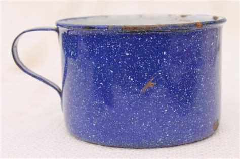 Rustic Vintage Blue Spatter Enamelware Camp Cooking Pot One Cup Tiny