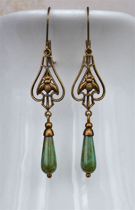 Art Nouveau Art Deco Bee Earrings Turquoise Green Gold Glass Drop