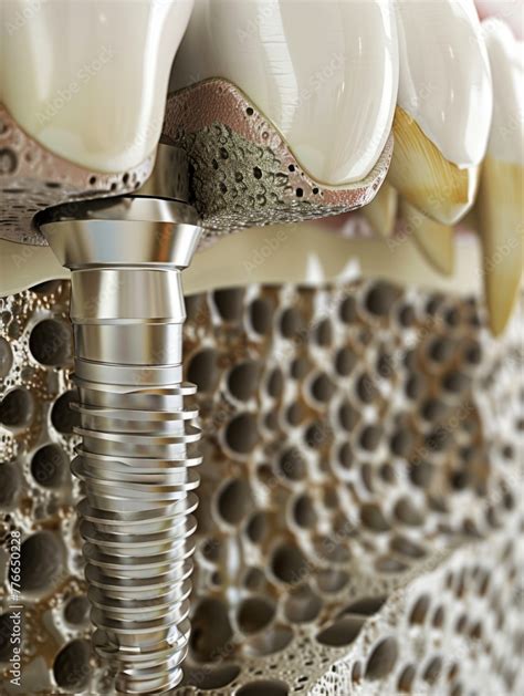 Dental Implant In Human Bone Structure Close Up 3D Illustration Of A