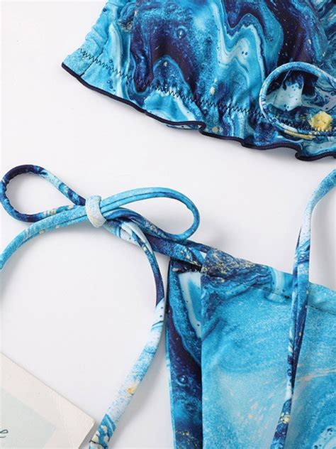 Emmiol Free Shipping 2023 Lace Up Marble Bikini Set Blue M In Bikini