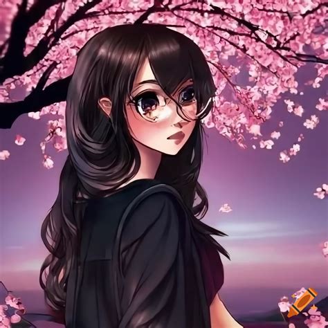 Anime Style Girl Sitting Under Cherry Blossom Tree On Craiyon