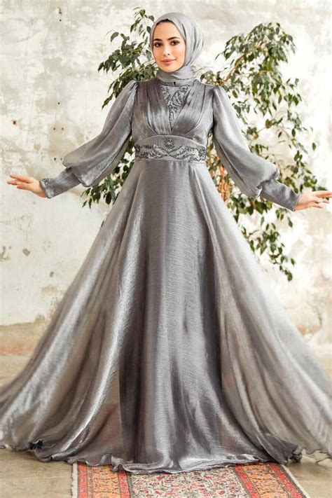 Stylish Grey Modest Islamic Clothing Prom Dress Gr Neva Style