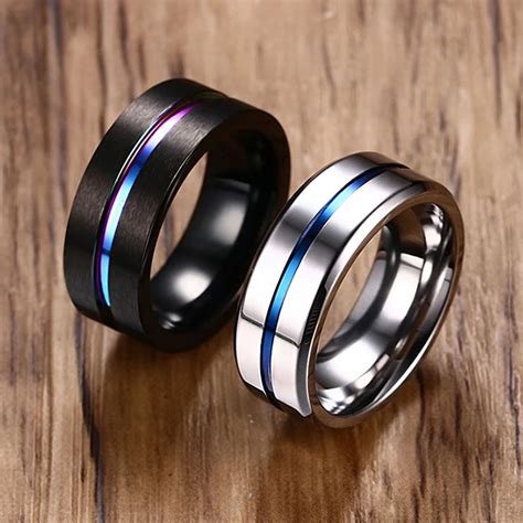 Black Silver Color Stainless Steel Rings For Men Rainbow Thin Line