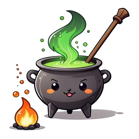 Cute Cartoon Witch Cauldron With Green Potion Vector Illustration