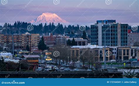 Downtown Olympia Washington With Mount Rainier In The Background During