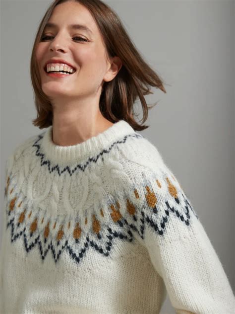 Pull Jacquard Torsadé Femme Cyrillus Mélange Laine Et Mohair écru