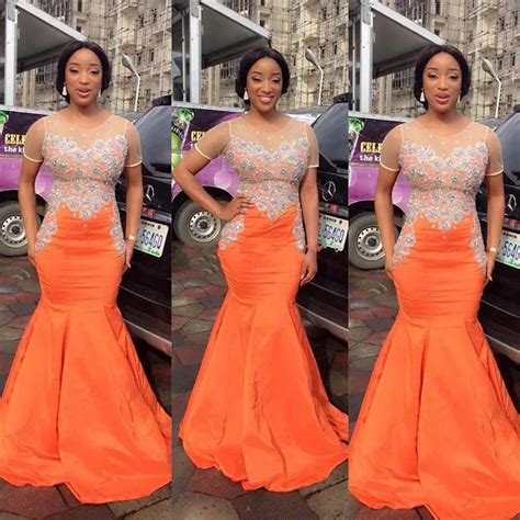 Aso Ebi Style Mermaid Evening Dress Glitter Beaded Short Sleeve Orange