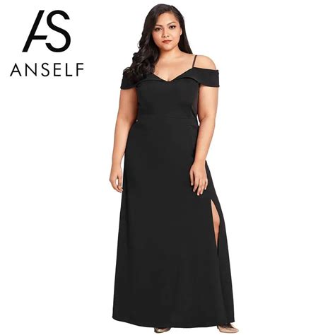 Anself Party Dress Female 4xl Plus Size Summer Slit Dress Off Shoulder Sexy Gown Long Black