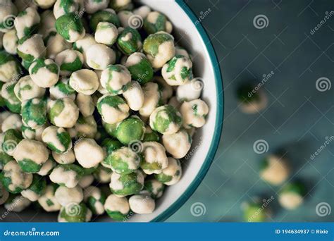 A Closeup Of Wasabi Peas A Spicy Japanese Savory Snack Of Dried Green Peas Stock Image Image