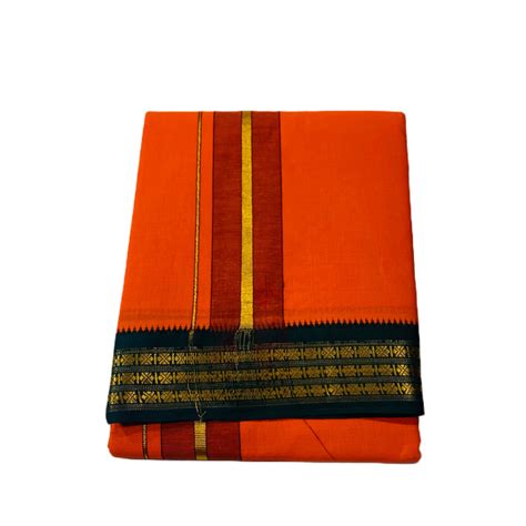 Orange Shade Cotton Dhothi With Border Green Shade With Diamond Design