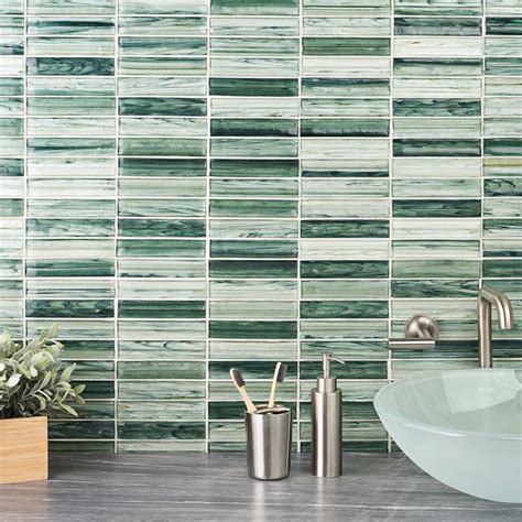 Maya Stacked Sage Green 1x5 Polished Glass Mosaic Tile Mosaic Glass