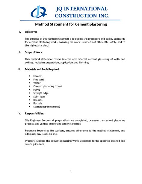 Method Statement For Cement Plastering Objective The Purpose Of This