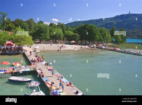 Beach On Lake Worth Resort Portschach Am Worthersee Austria Stock