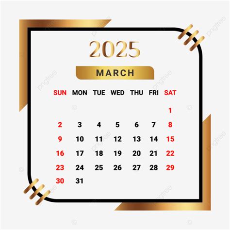 Calendario Del Mes De Marzo De 2025 Con Negro Y Dorado Vector PNG