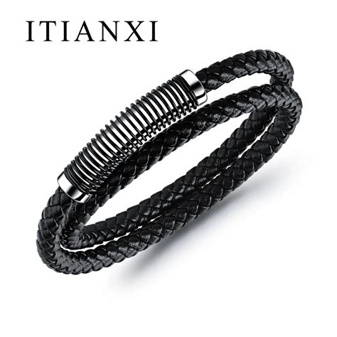 Itianxi Cool Men Stainless Steel Spring Bracelets Bangles Double Layers