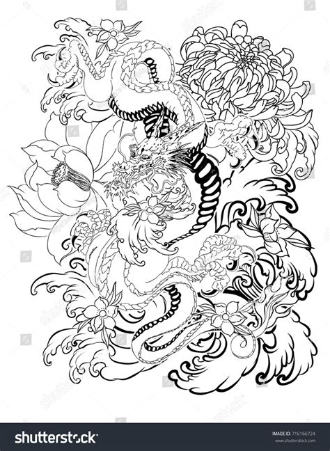 Hand Drawn Dragon Tattoo Coloring Book Japanese Royalty Free Stock