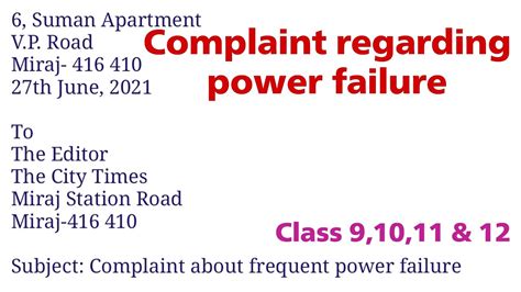 Complaint Letter For Power Cut Complaint Letter To Electricity Boardelectricity Department