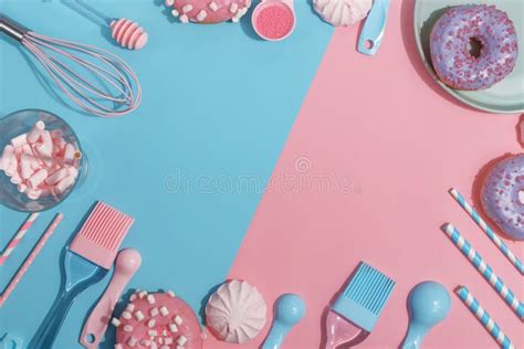 Kitchen Utensils And Tools Pastries And Sweets On A Pink And Blue