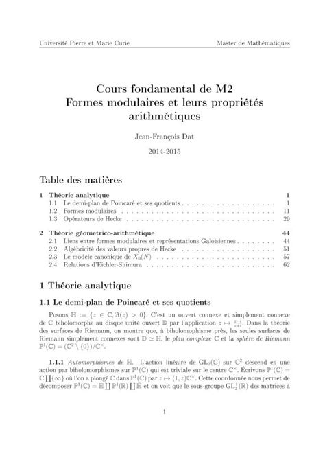 Pdf Cours Fondamental De M2 Formes Modulaires Et Leurs › ~jean Francois Dat › Enseignement