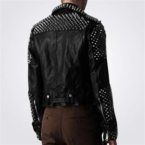 Punk Men's Genuine Leather Jacket with Silver Spikes