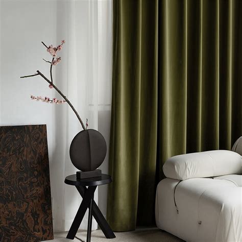 Minimalist Avocado Green Velvet Curtain Solid Color Window Curtains