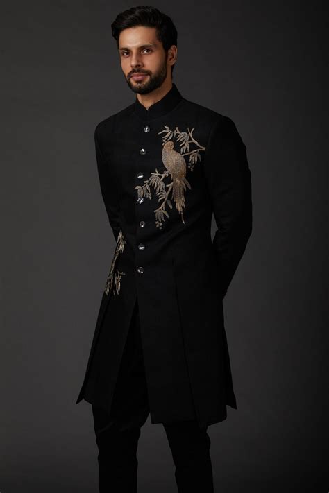 Indian Sherwani For Men Royal Black Sherwani With Satin Lapel Work