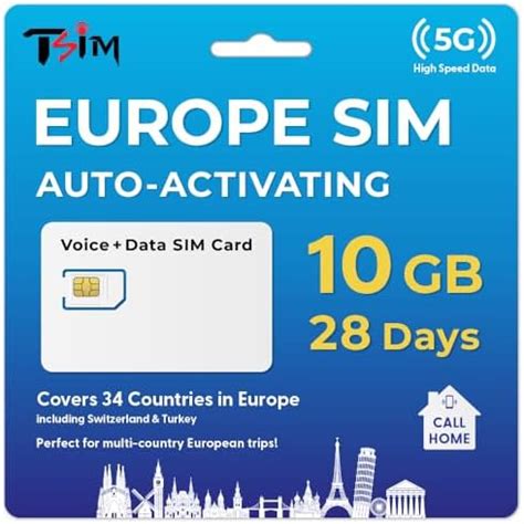 TSIM Europe Prepaid SIM Card 28 Day With Callhome 10GB 5G 4G Speed