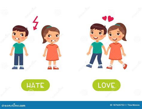 Love And Hate Antonyms Flashcard Vector Template Word Card For English