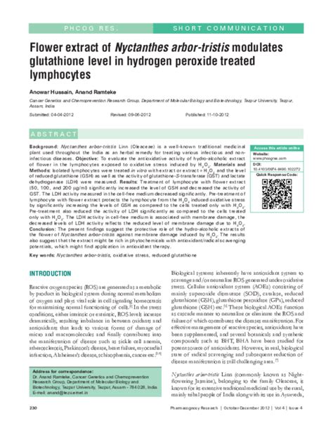 Pdf Flower Extract Of Nyctanthes Arbor Tristis Modulates Glutathione