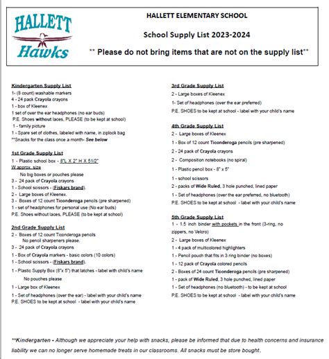 2023 2024 School Supply List Hallett Elementary